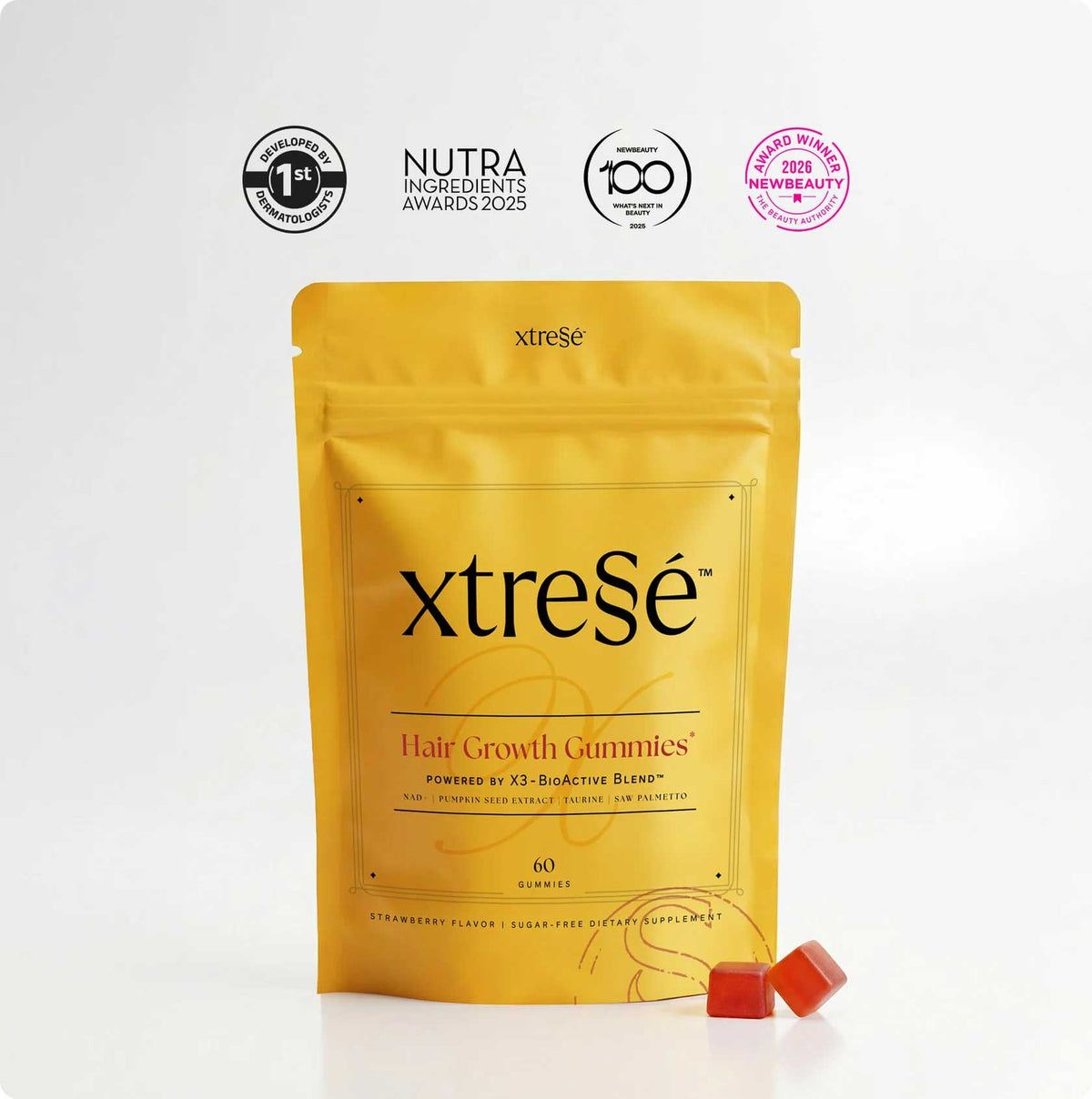 Advanced Dermatology Xtressé Nutrient Hair Growth Gummies 60 count – award-winning sugar-free strawberry hair growth gummies powered by X3-BioActive Blend with NAD+, pumpkin seed extract, taurine, and saw palmetto
