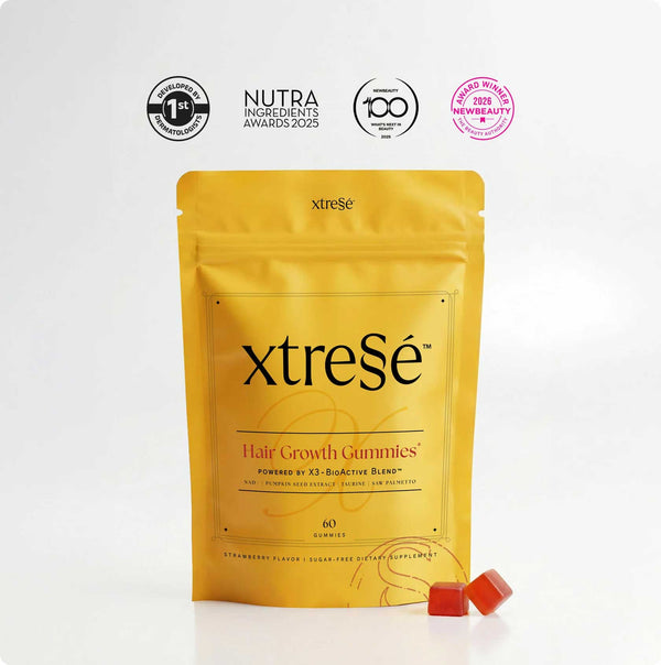Advanced Dermatology Xtressé Nutrient Hair Growth Gummies 60 count – award-winning sugar-free strawberry hair growth gummies powered by X3-BioActive Blend with NAD+, pumpkin seed extract, taurine, and saw palmetto